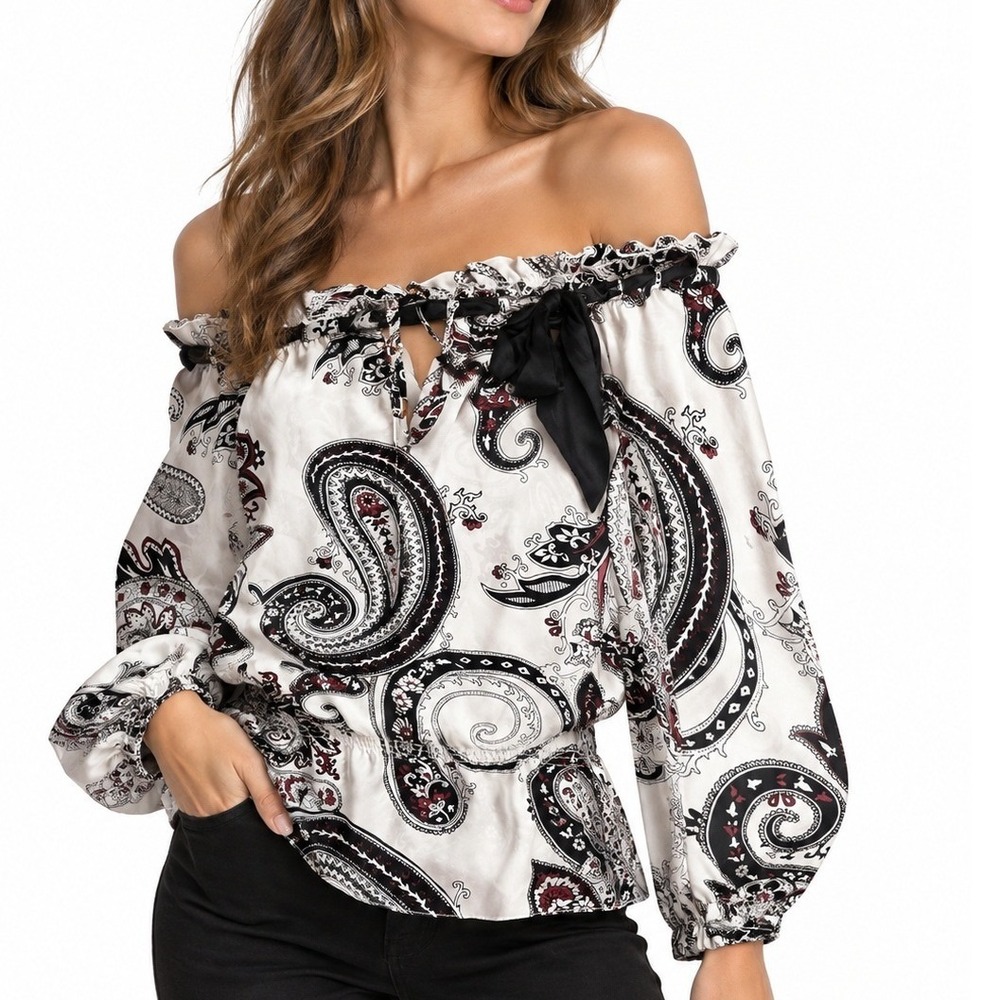 Women Silk Blouse White Multi XS NWT Paisley Off Shoulder Boho fall fashion